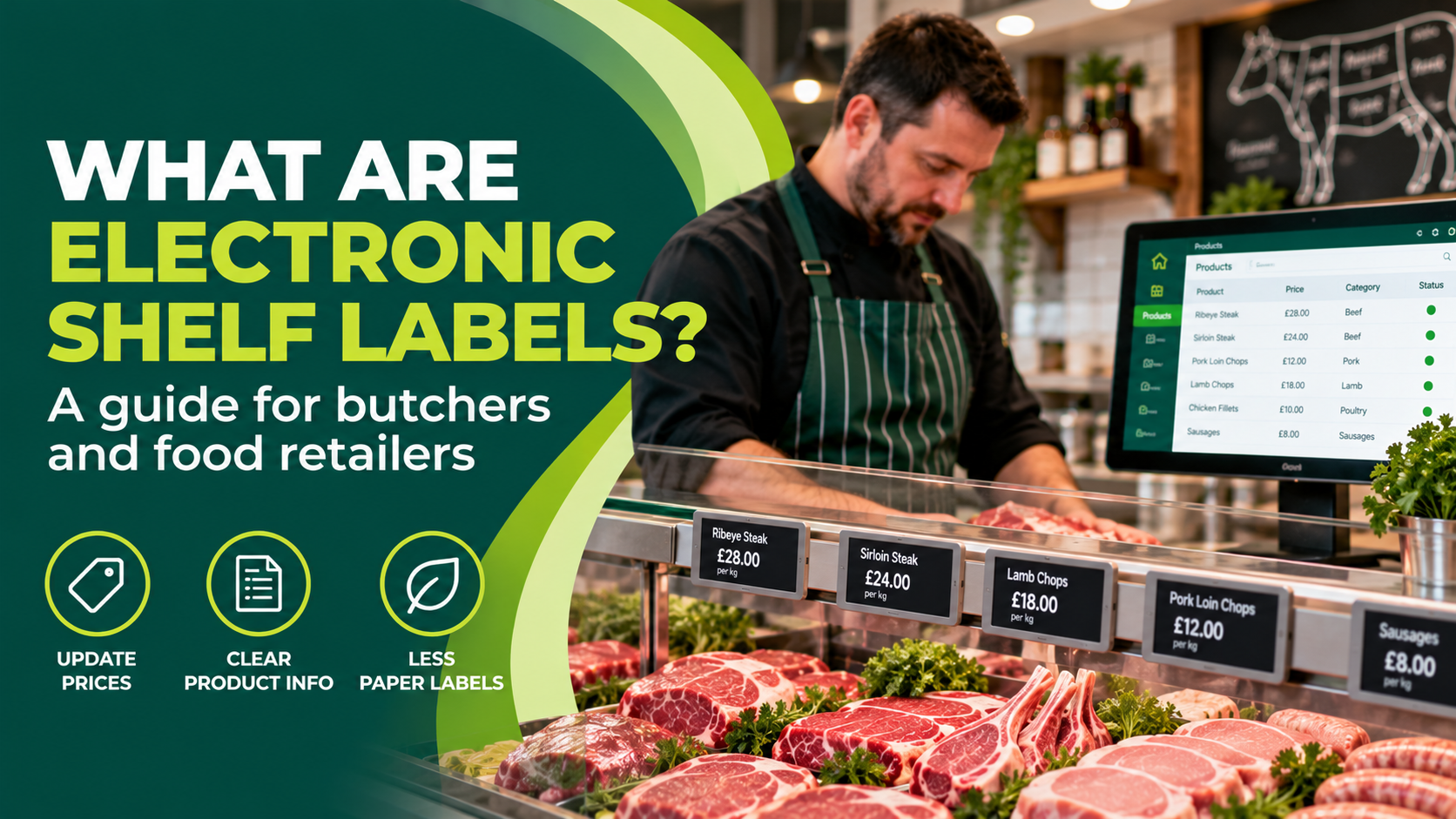 Electronic shelf labels displaying prices on a butcher's counter alongside product management software.