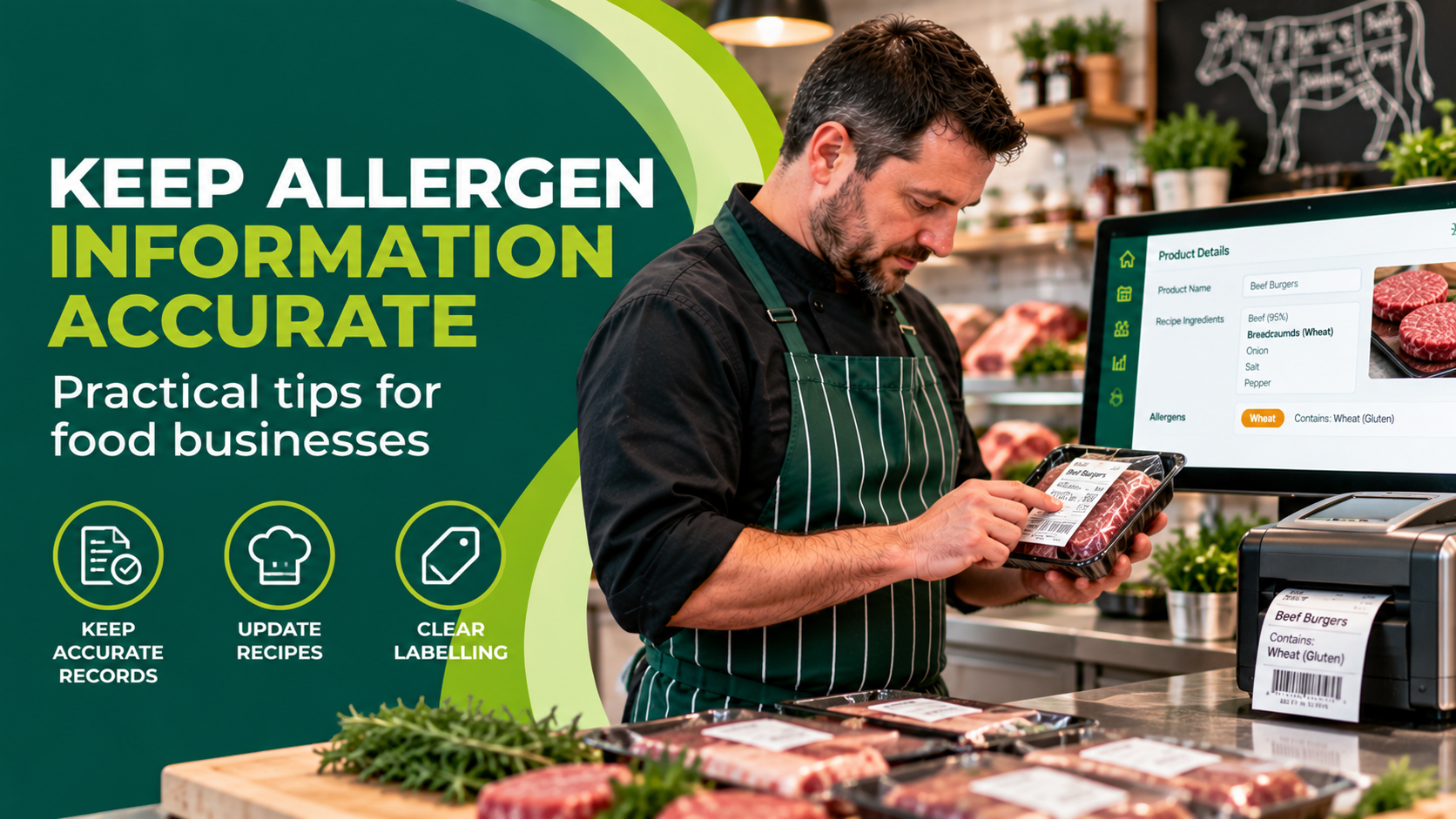 Butcher checking allergen information on a labelled food product beside product management software and a label printer.